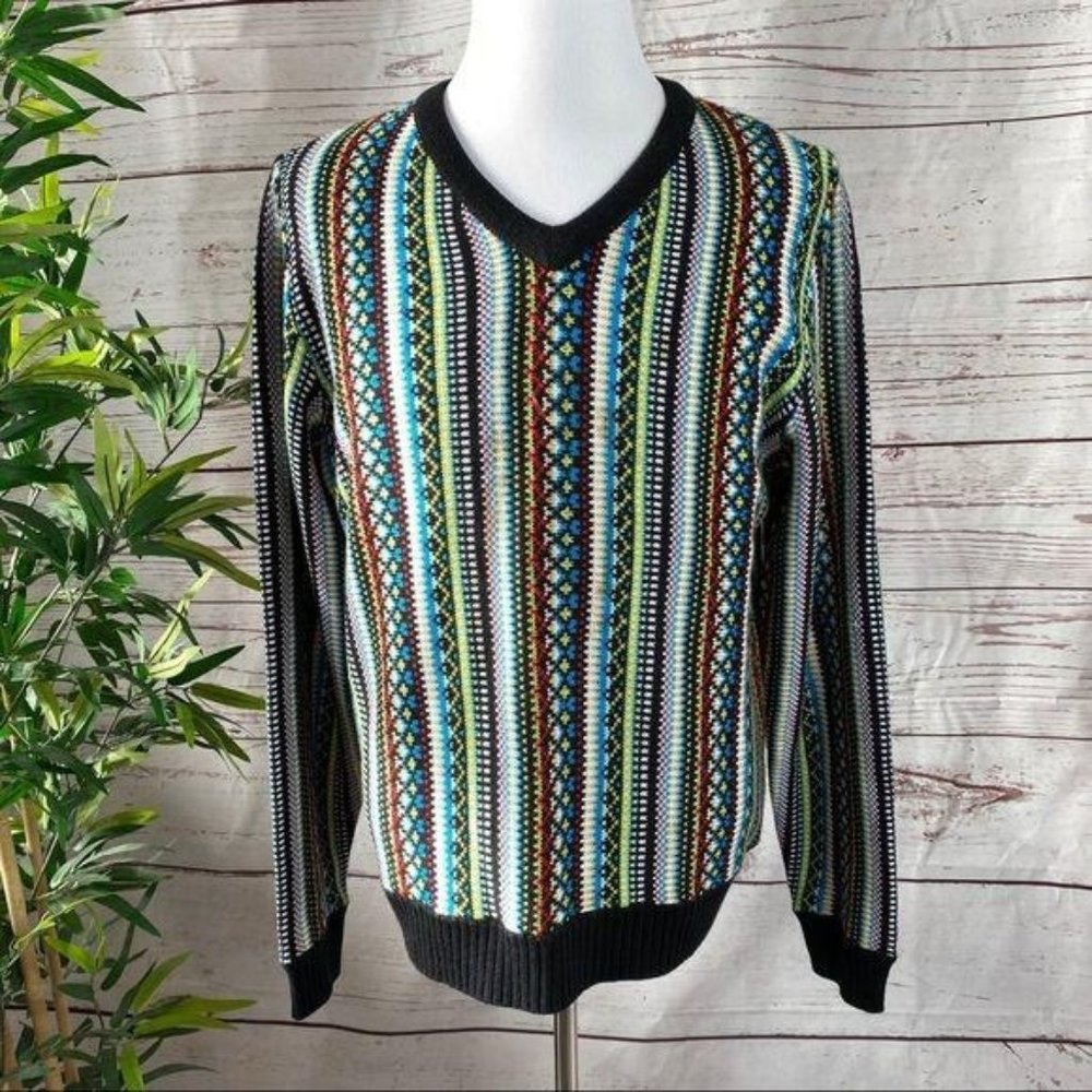 Skedouche V-Neck Vibrant Multicolor Stripe Sweater